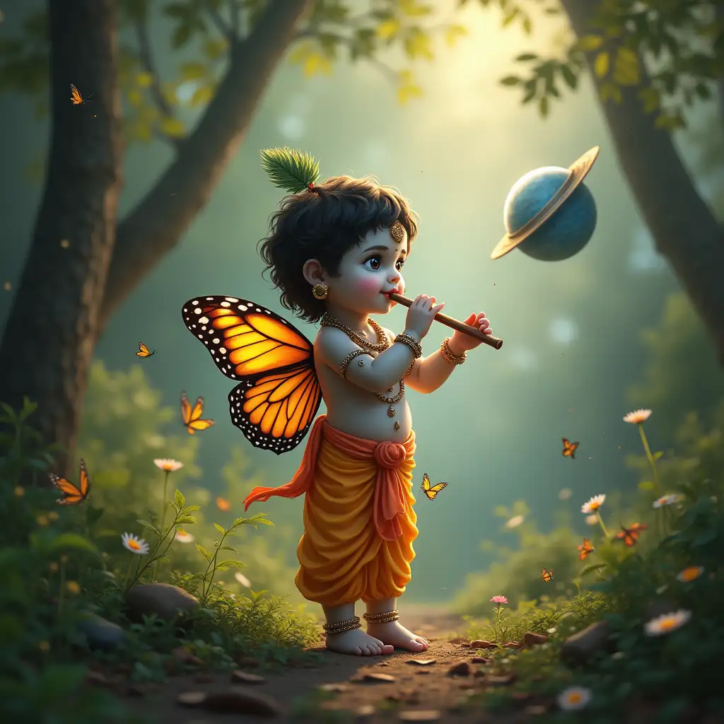 Butterfly fly flapping wings in forest and planets infront of smiling small baby shree krishna with flute