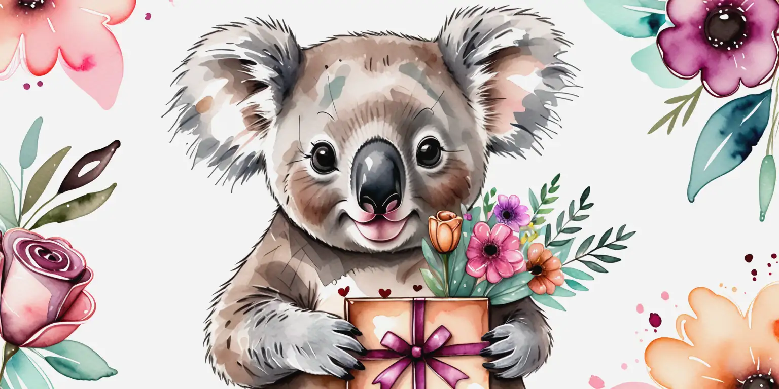 Adorable Koala Holding Chocolates and Flowers in a LoveThemed Illustration