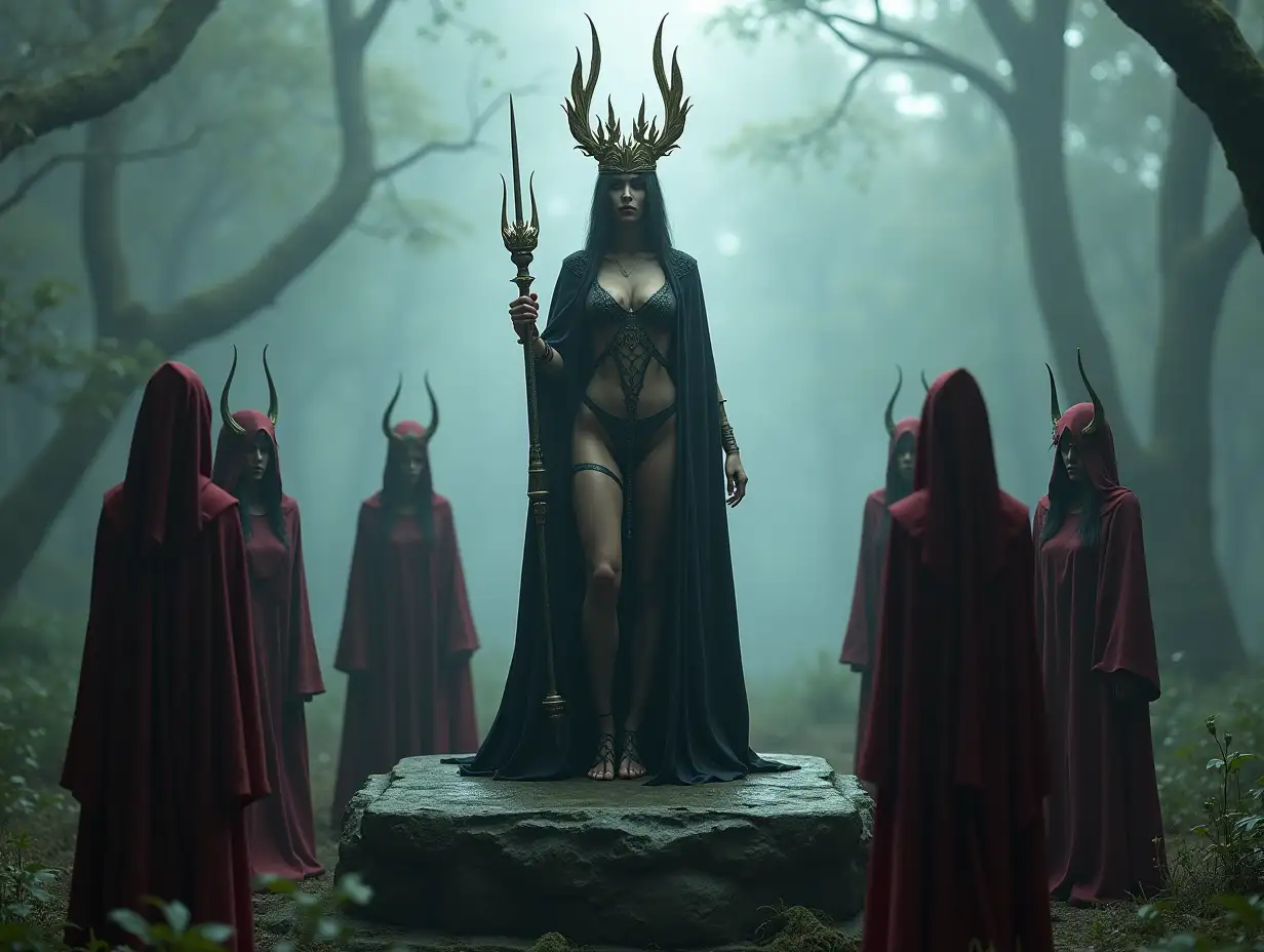 An Ultra HD 64K 3D render of a haunting, gothic scene set in a foggy, ancient forest. A central, ominous-looking female figure stands atop an ancient stone pedestal, exuding power and authority. The figure wears a short dark robe with subtle crimson tank tops and black hues, decorated with intricate gothic patterns. A long, golden, spiked crown with elegant yet menacing curves adorns their head, radiating an aura of divine or sinister royalty. The figure holds a commanding pose, shrouded in mystery, their face hidden in shadows beneath the crown. They hold an ominous scepter. Six mysterious, attractive female attendants dressed in deep red and black short cloaks and revealing loin clothes stand in a circular formation around the pedestal. Each attendant has a short, pointed hood or eye mask, adding to their enigmatic and cult-like appearance. Their stances are solemn and slightly varied, suggesting reverence or ritualistic intent.