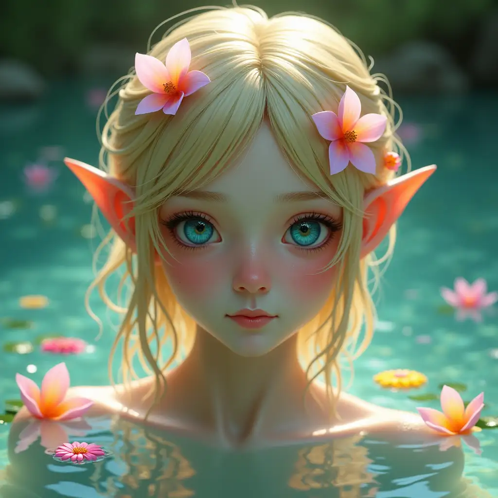 Beautiful-Elf-Woman-in-a-Lake-Surrounded-by-Floating-Colorful-Flowers