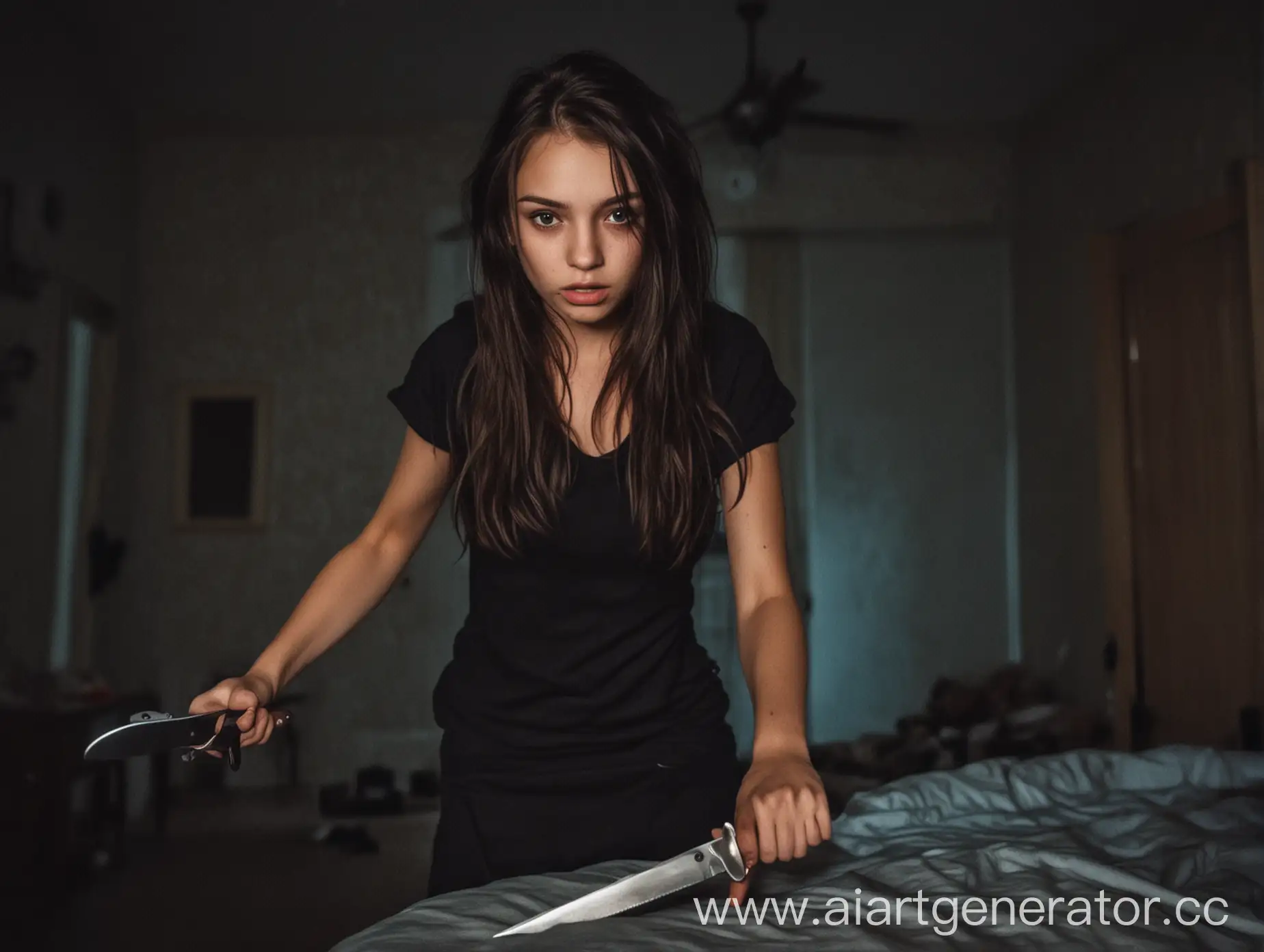 A girl with a knife is hunting a guy, all this happens at home at night