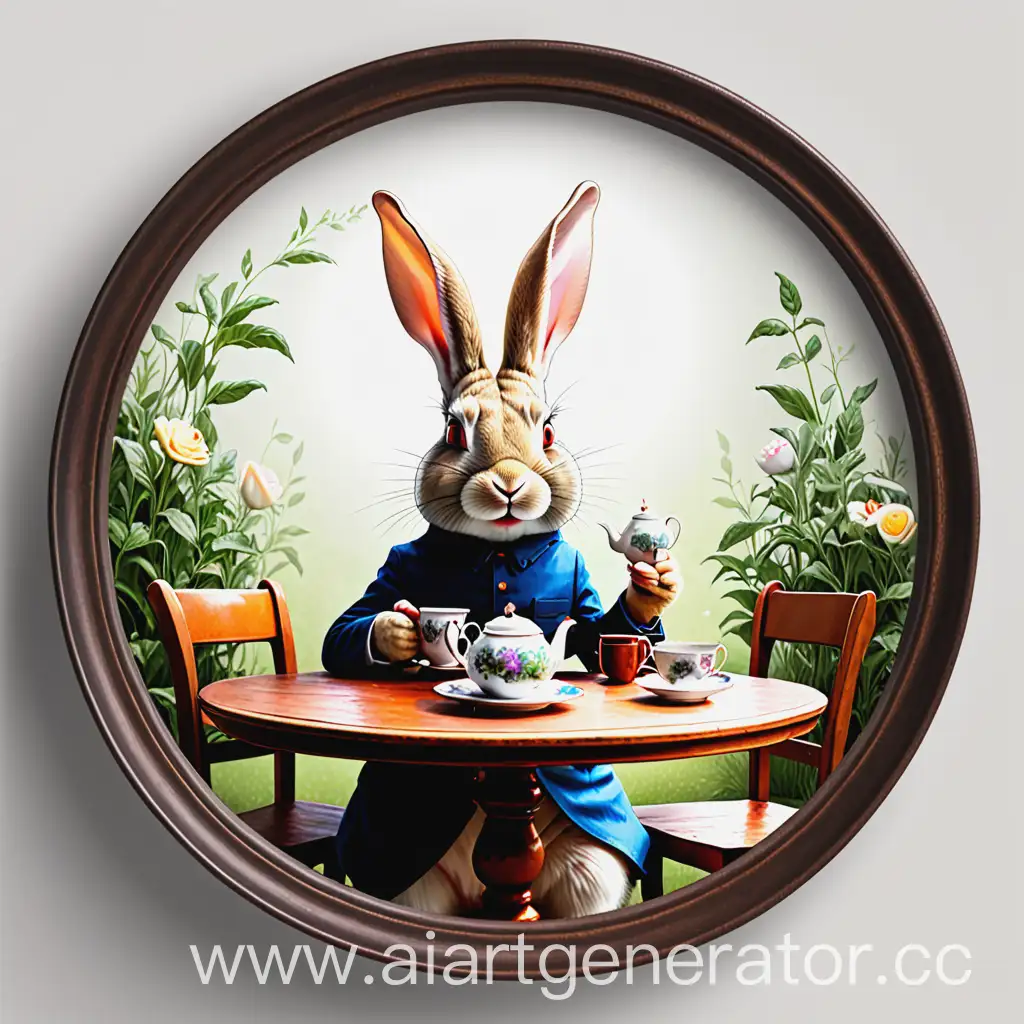 Rabbit-Drinking-Tea-Time-in-Round-Frame