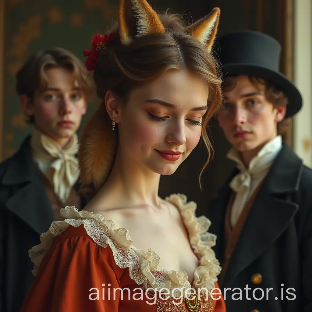 19th century habits, shy young woman with a reserved smile looking down. A fox on her shoulder. Behind her, two men, a young artist poet in love with the young girl with a feather in one hand and the other man, a young bourgeois, suspicious yet fascinated by her, is staring at her