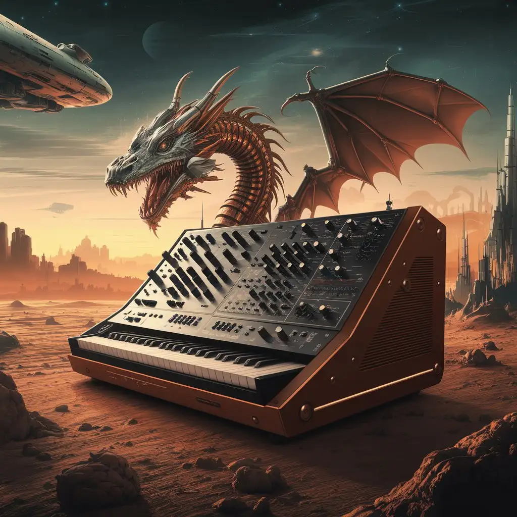 a synthesizer that looks like a dragon, futuristic, on a foreign planet, retro sci fi