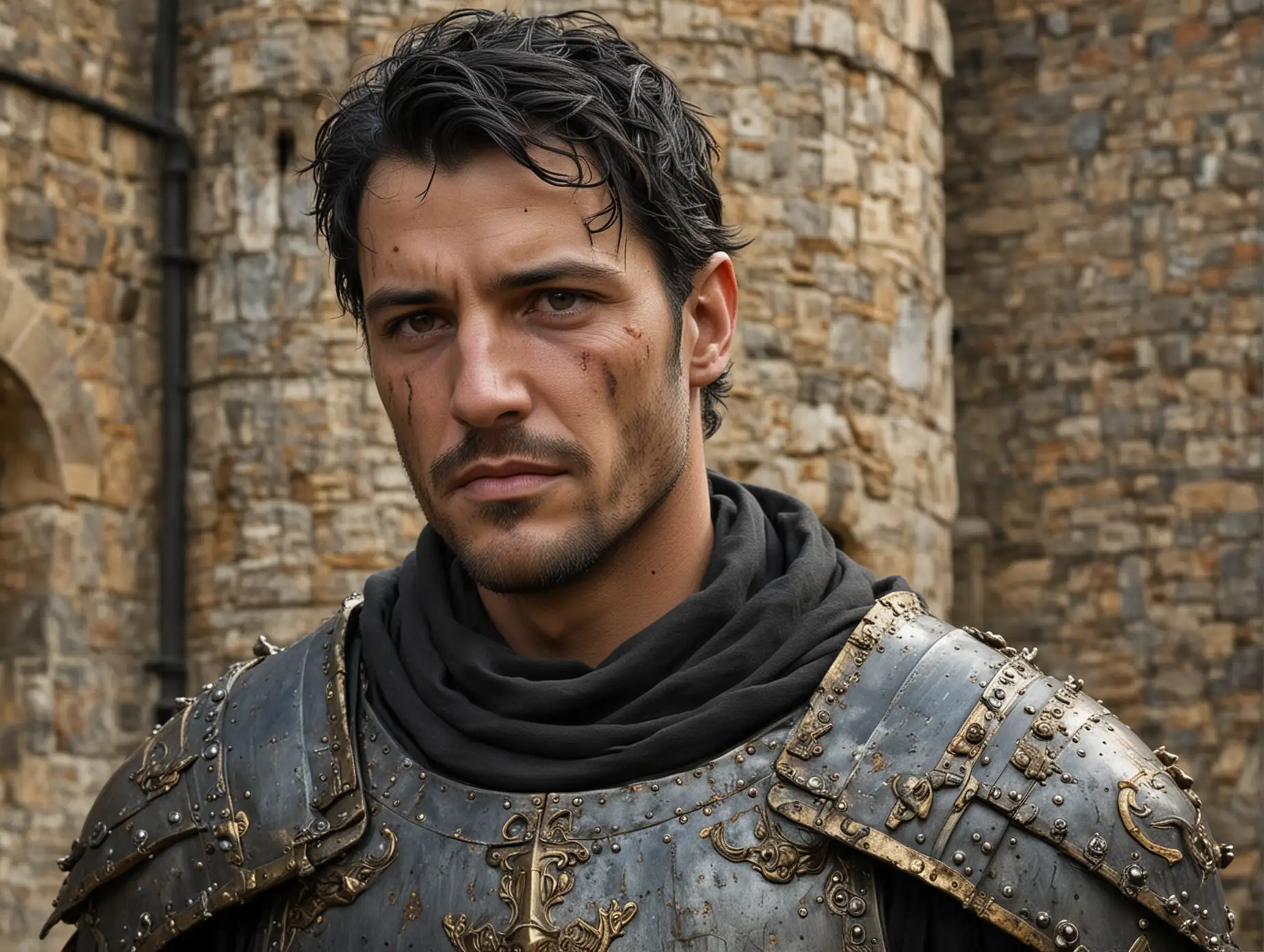 40's weathered men, handsome, scarred up, scruffy, armor with gold trim, medieval tower, very Short black hair,