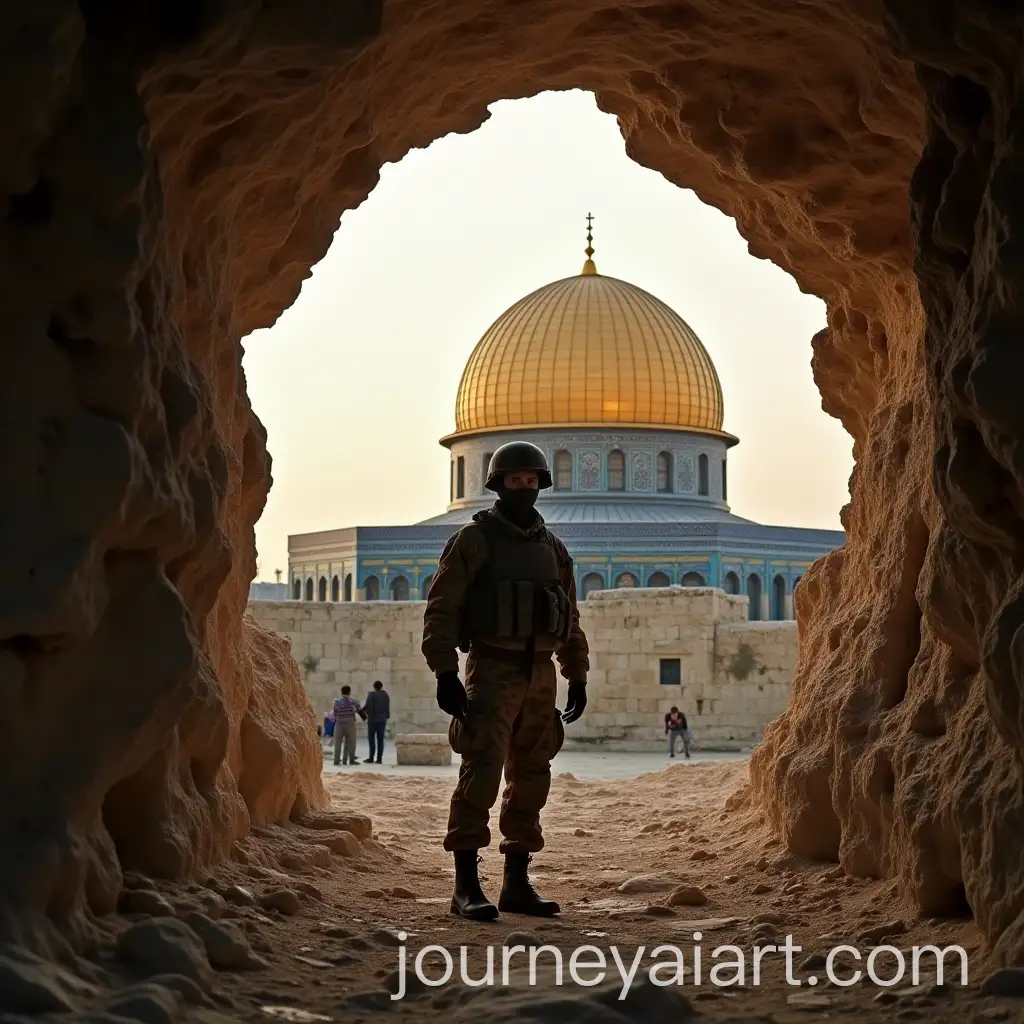 Soldier-in-Camouflage-Military-Uniform-in-Cave-with-Dome-of-the-Rock-in-Background