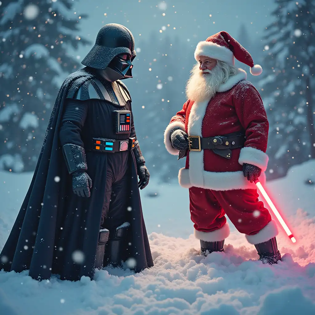 Santa and darth vader in the snow at Christmas