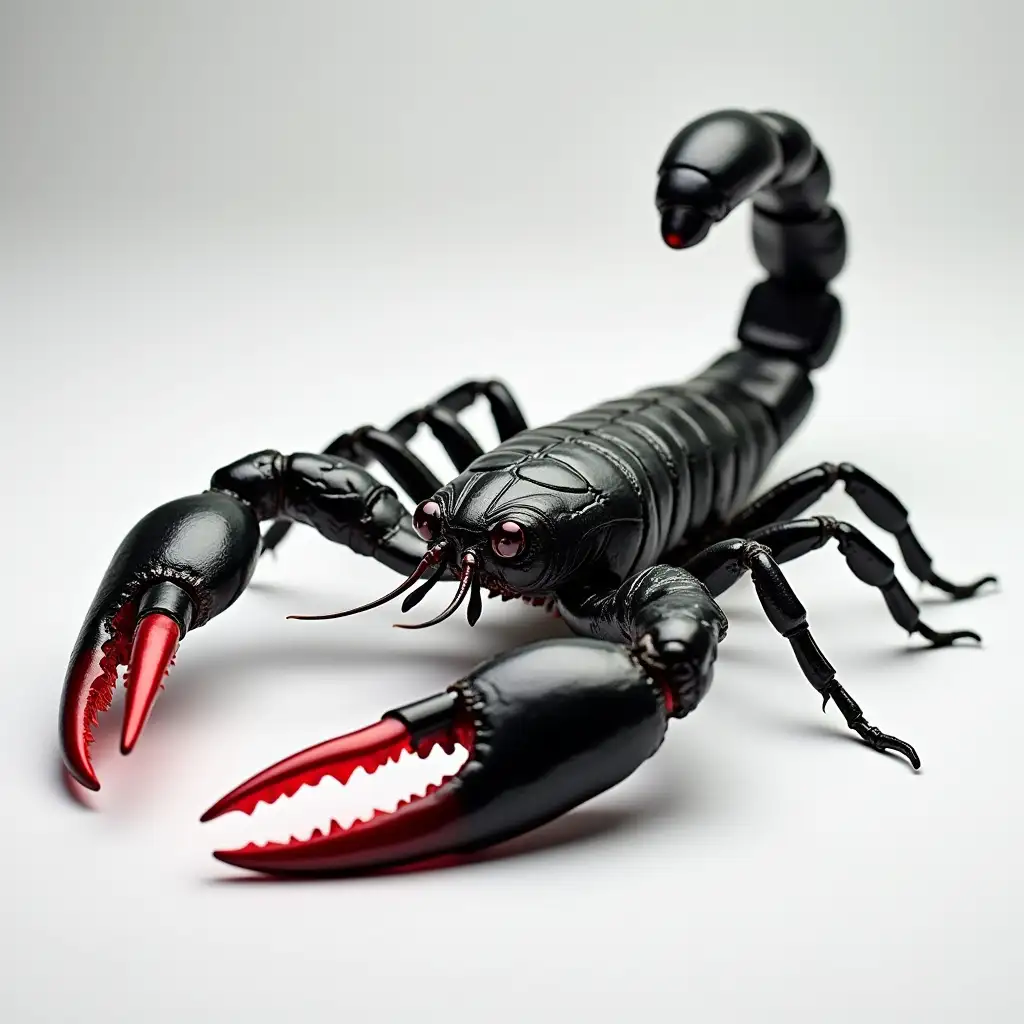 studio shot, black and grey scorpion with red gleaming tongs, front view