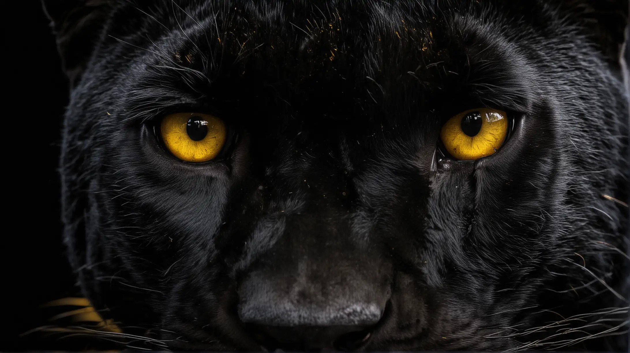 CloseUp Black Panther Face with Yellow Eyes on Black Background