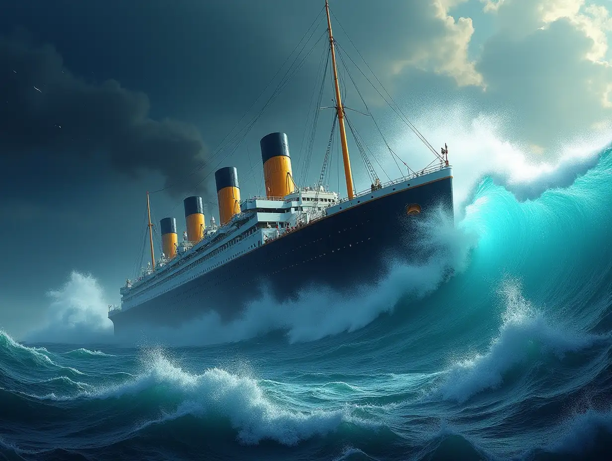 The Titanic is hit by a giant wave and threatens to go under