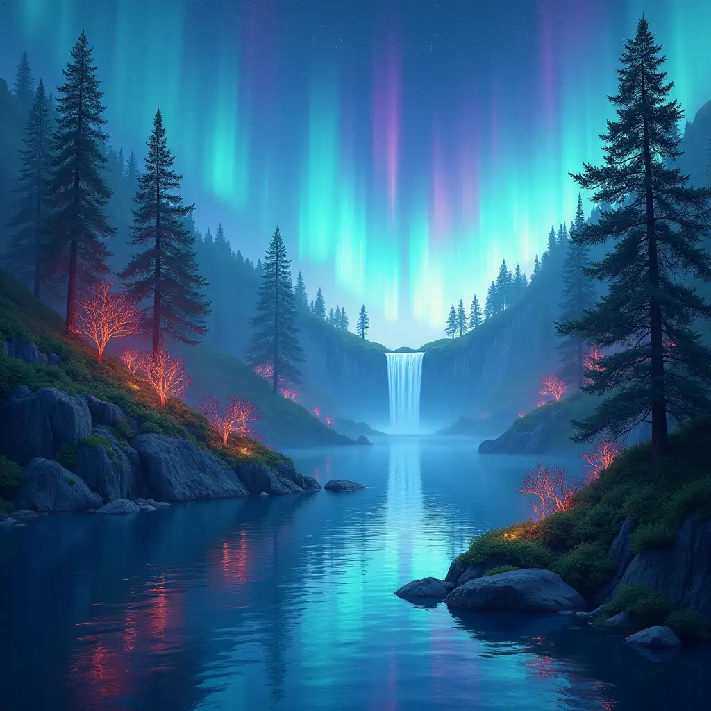 A magical forest with glowing trees, floating islands, and a waterfall cascading into a crystal clear lake. The sky is filled with colourful auroras and distant planets.