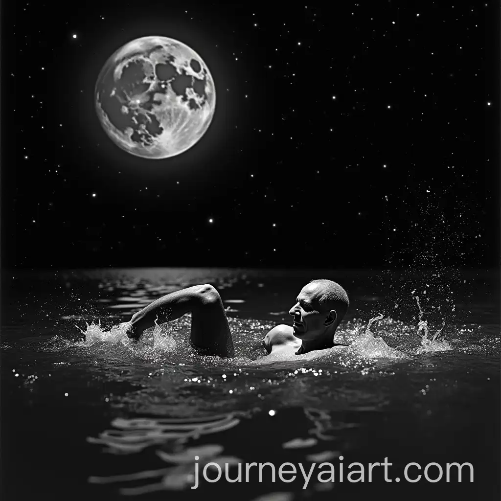 Athletic-Man-Swimming-Through-a-Sea-of-Stars-Under-the-Smiling-Moon-in-Black-and-White