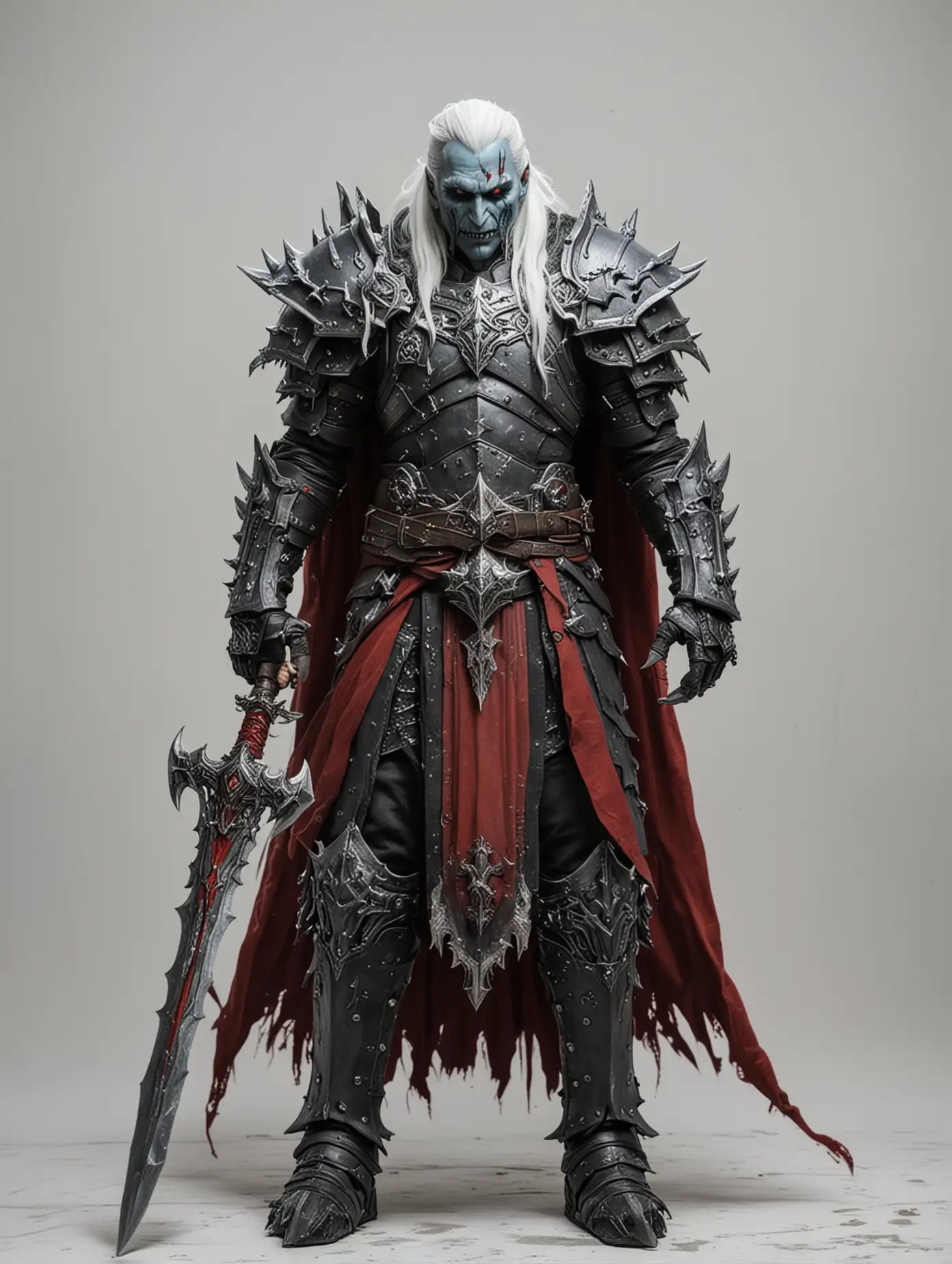 The Lich king without a helmet with long white hair and a red sword against a white wall