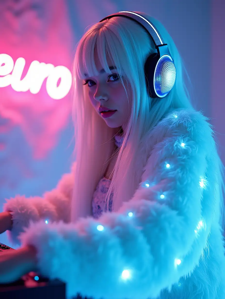 user_prompt: Cyber-Snegurochka, incredibly beautiful girl with fair skin and long white hair, in a futuristic holographic reflective fur costume in an ice palace of ice, at the DJ set with headphones, neon light from the disco ball, semi-darkness, neon sign 'neuro', 64 kb, cinematic visualization, depth of field, model of super high quality, masterpiece of art, golden ratio, trending in cgsociety, Fujicolor c200, epic