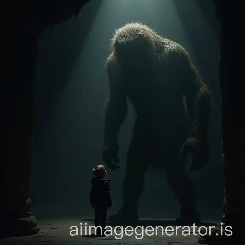 Adolescent-Boy-Staring-at-Giant-Humanoid-Creature-in-Dark-Cinematic-Room