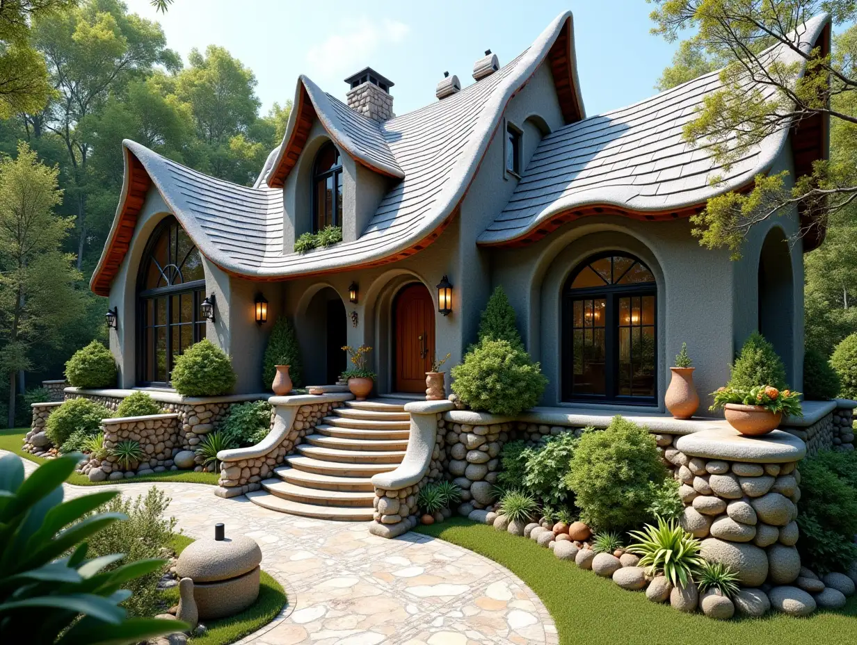 crooked house garden statues Planting-with silver with black stucco, plant ornaments, large windows with glass to, curved, smooth window shapes, winding large entrance steps of marble Complex sloping roof with dike, lanterns, bench orange tree 4K resolution Colorful superWide-angle shots