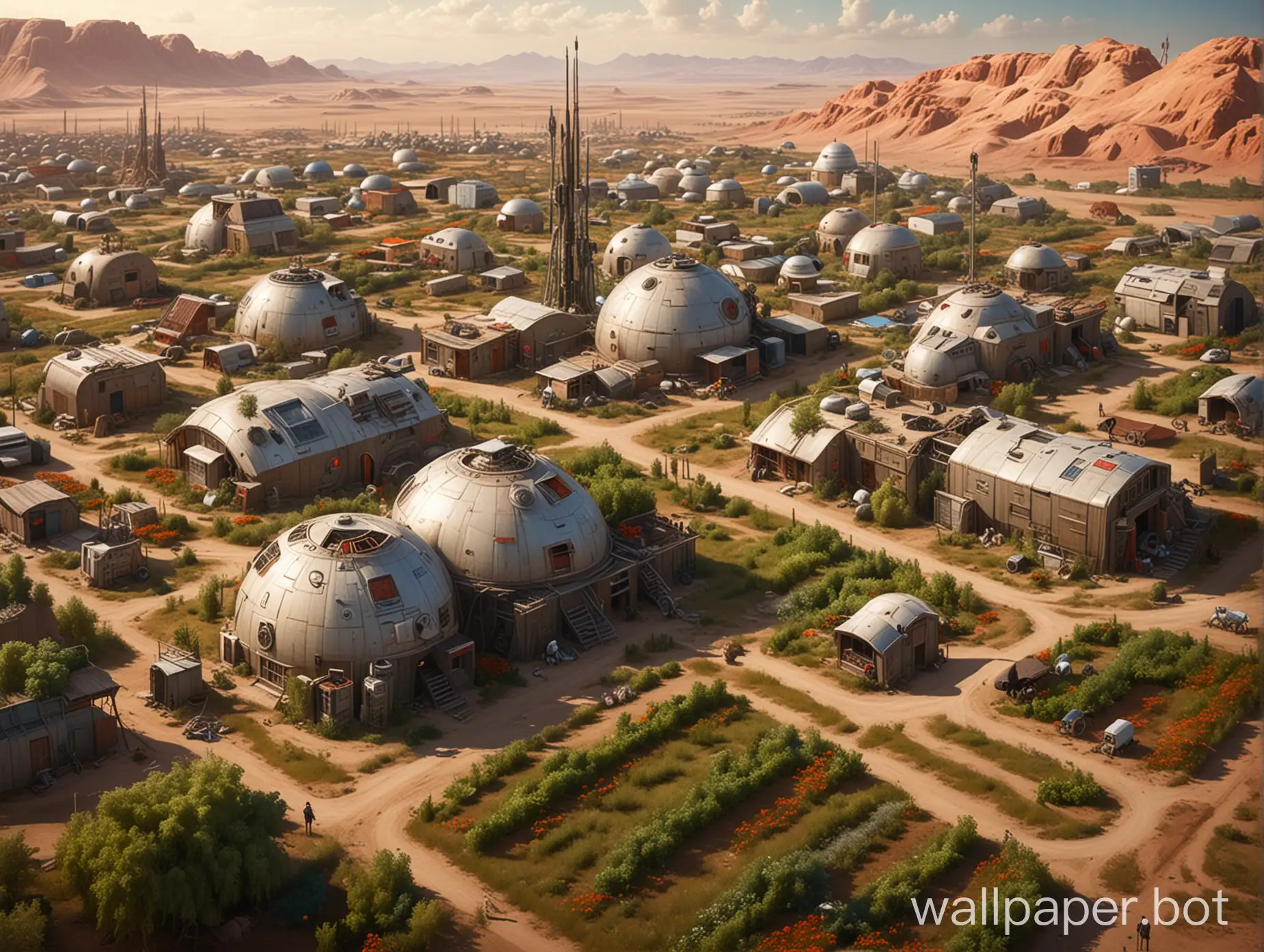 Russian cyber village with style USSR and cyber punk on planet Tatooine. House with air conditioning, shed with large antenna, vegetable garden with tomato bushes, cow barn. And other future buildings