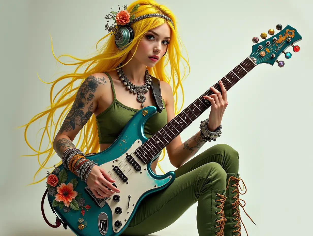 Representation of a beautiful white woman with -tattoo, futuristic long hair interwoven green-yellow and laced boots, holding in her hand an electric guitar decorated with elaborately detailed, colorful and futuristic flowers.