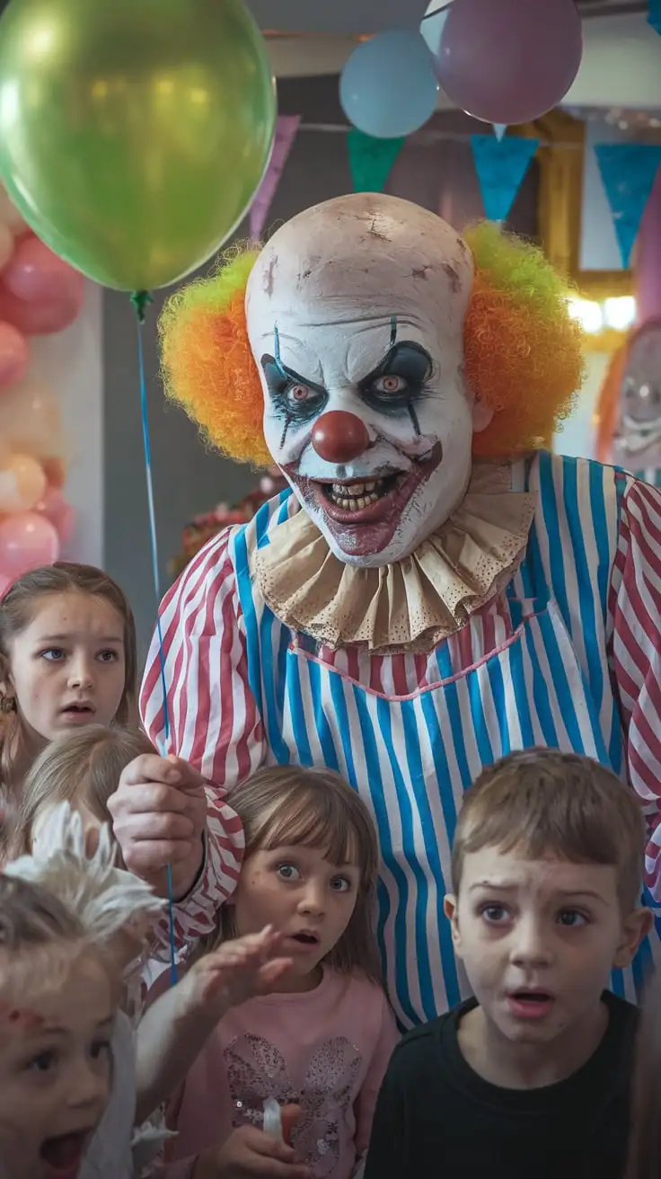 Creepy Clown with Rotting Face Haunting a Birthday Party