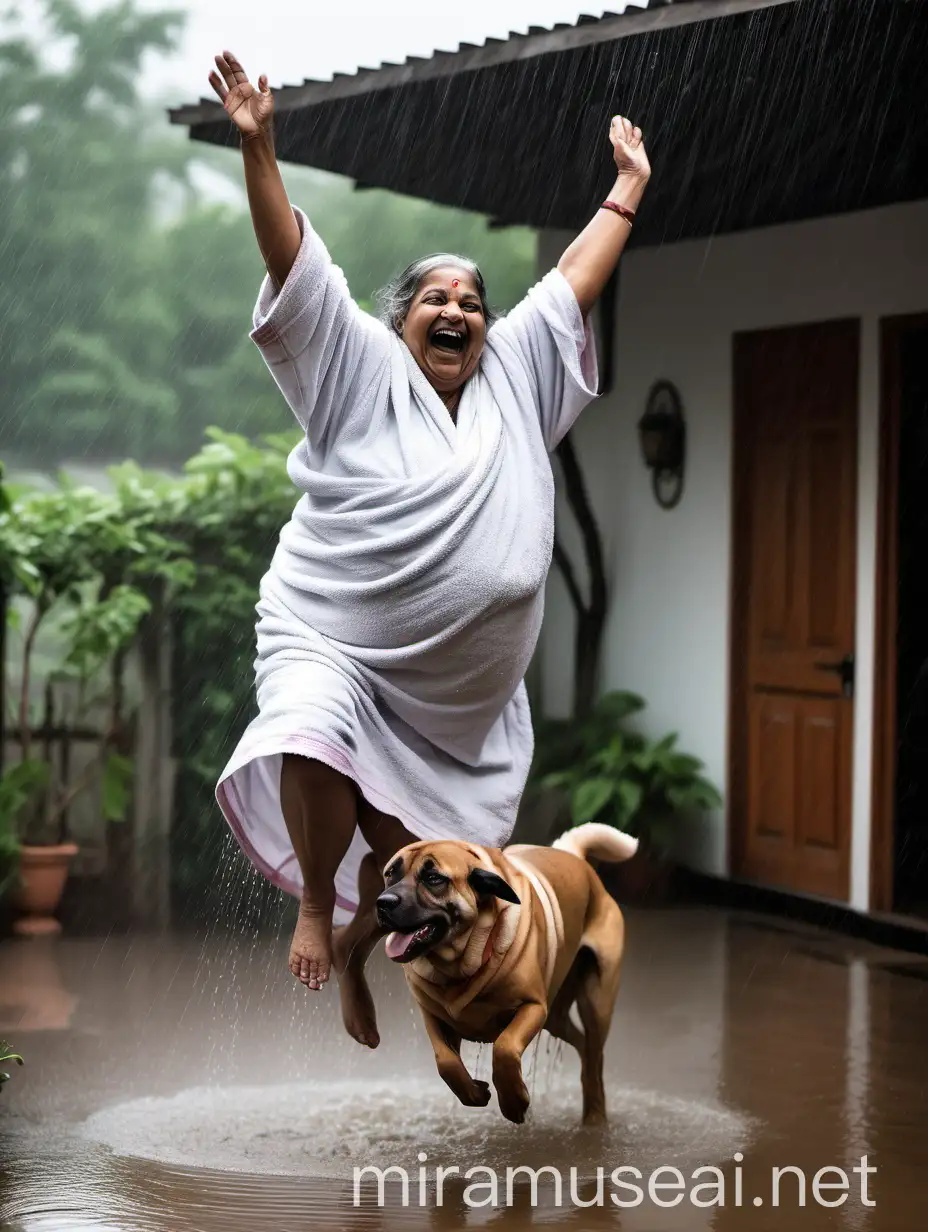 Joyful Mature Woman Dancing in Rain with Dog at Farmhouse