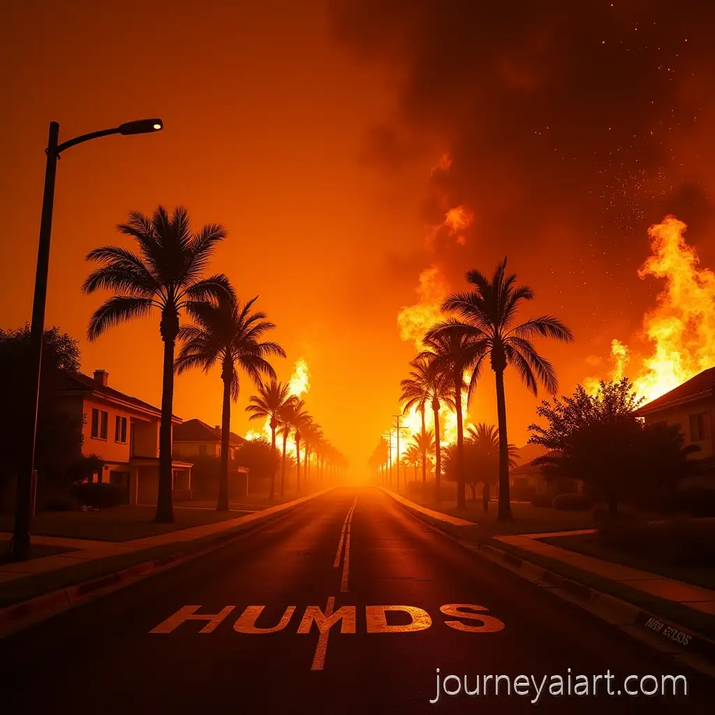 Apocalyptic-Wildfire-Engulfing-Suburban-Street-with-Blazing-Palm-Trees