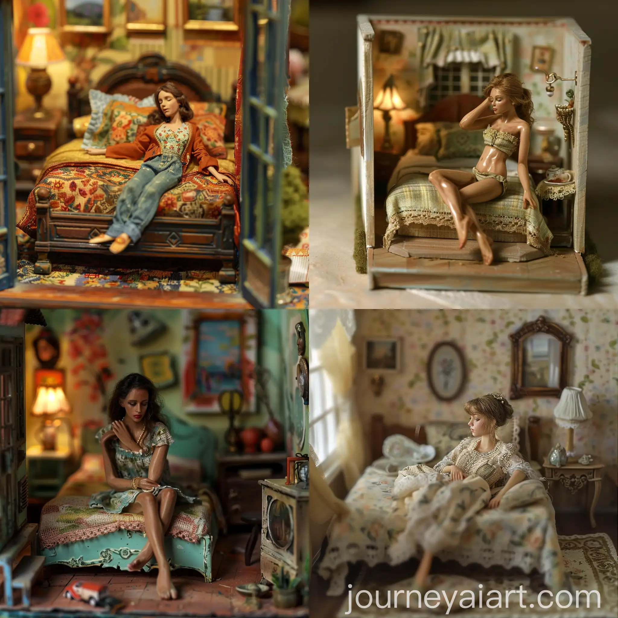 Beautiful-Young-Woman-Relaxing-on-Miniature-Bed-in-Miniature-House-Bedroom