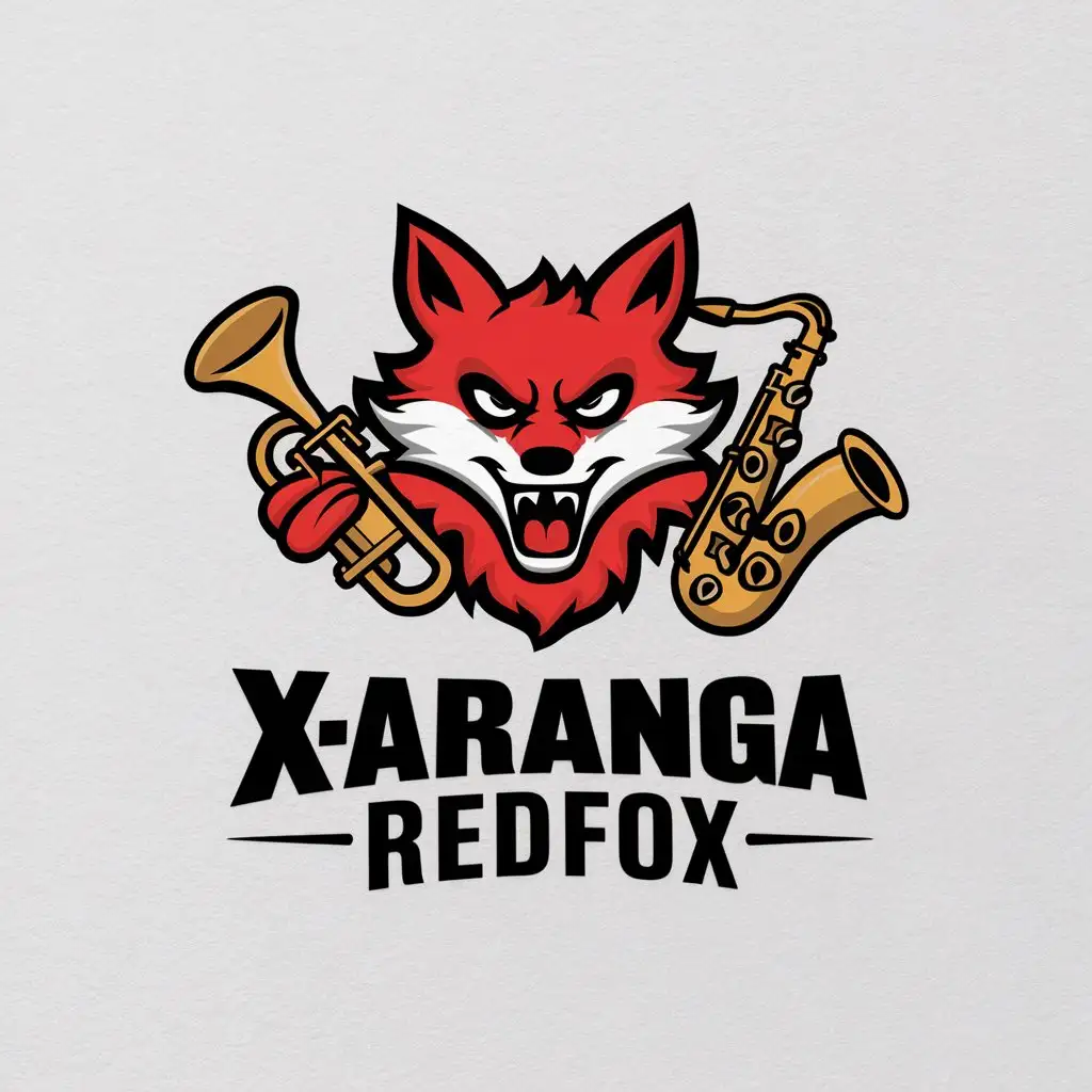 LOGO-Design-for-Xaranga-RedFox-Angry-Fox-with-Trumpet-and-Saxophone-in-Hand