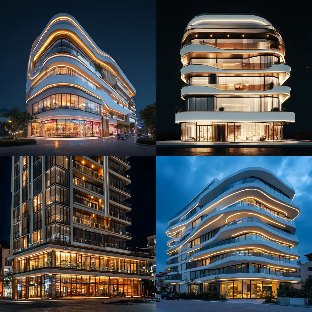 Modern-Glam-Residential-Building-with-Glass-Balconies-and-Luxury-Design-Lights