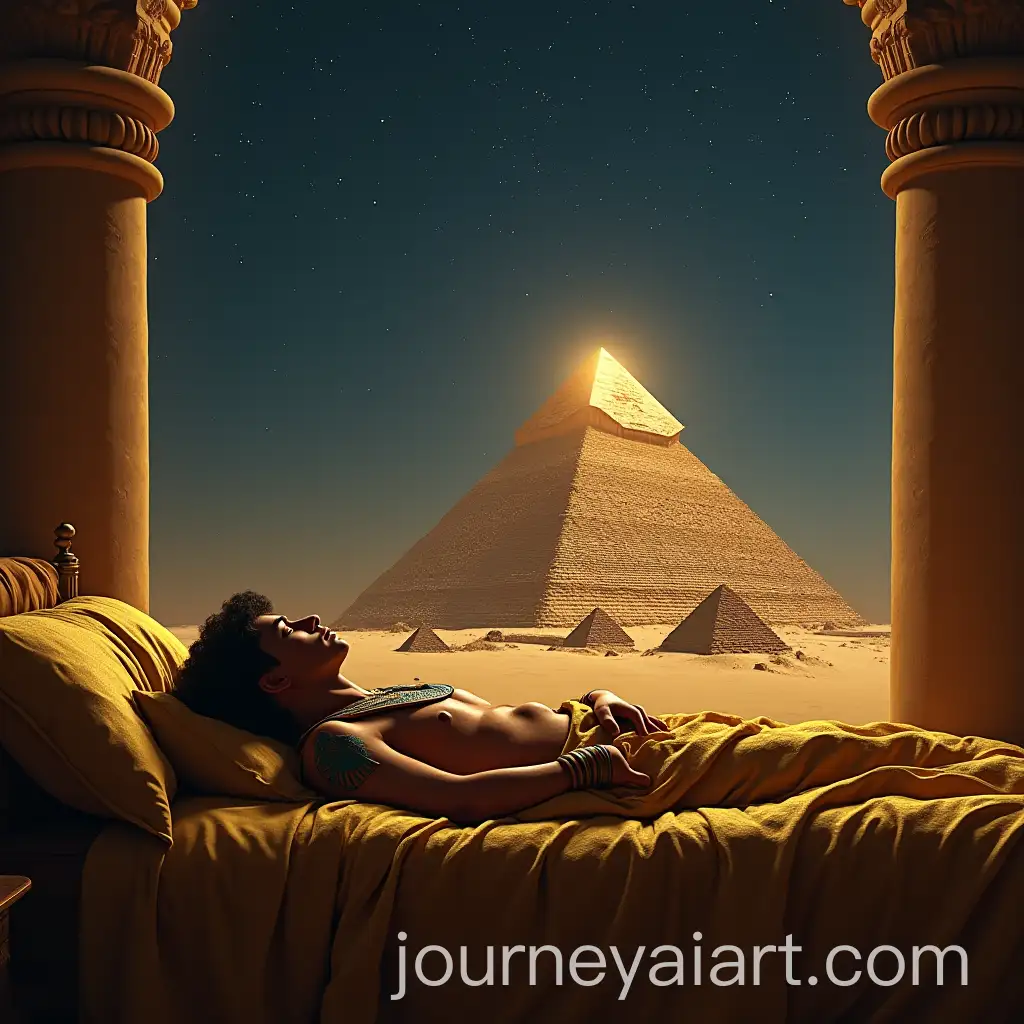 Ancient-Egyptian-Pharaoh-Sleeping-on-Golden-Bed-with-Dream-of-Towering-Pyramid