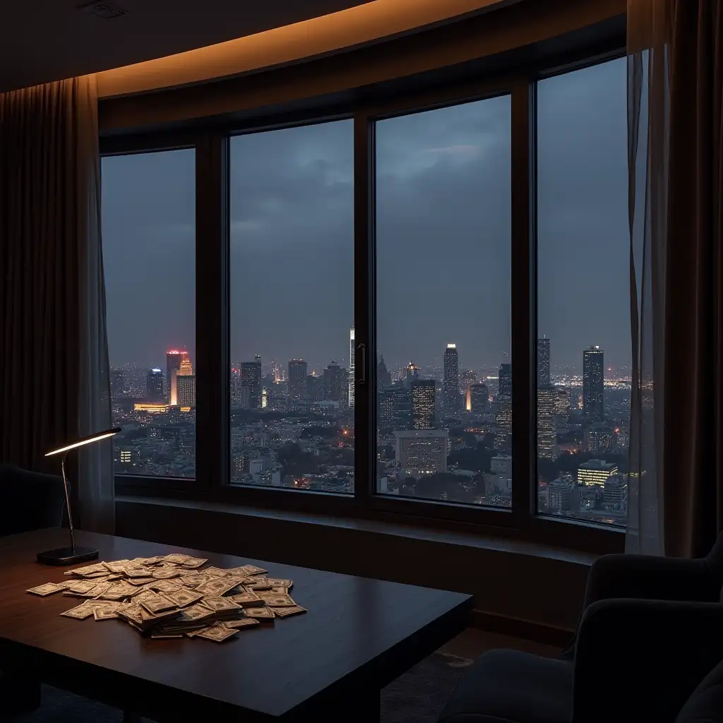 A room in an elite residential complex with a beautiful view of the city, with panoramic windows, a table by the window where there is a lot of money, a photo taken from the corner of the room where you can see a large panoramic window in front and to the right dark gray tones of neon with a gray tint, night city