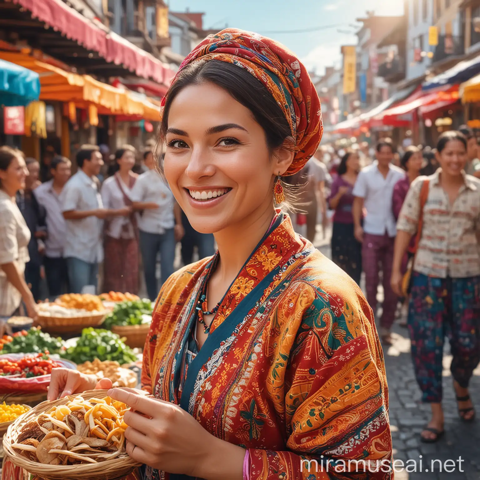 Woman Enjoying Local Cultural Festival with Traditional Food