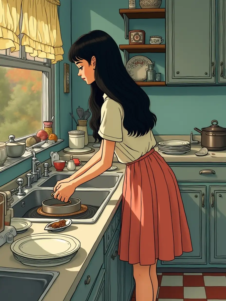 Young-Woman-Washing-Dishes-in-a-Messy-Kitchen-at-Dusk