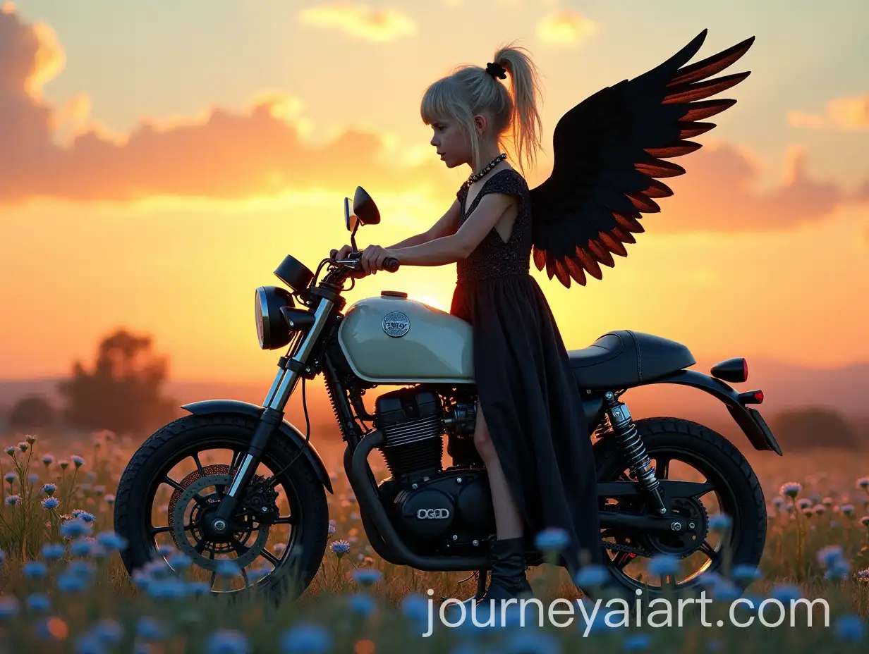 Punk-Style-Little-Girl-with-Black-Wings-Riding-a-White-Motorcycle-in-a-Spring-Sunset