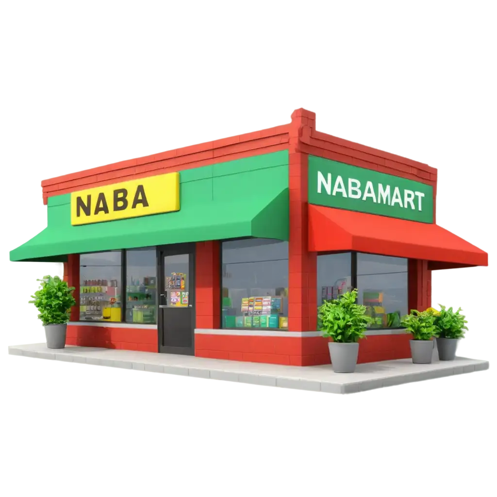 PNG-Image-of-a-Vintage-Green-Yellow-and-Red-Retail-Store-An-Naba-Mart-with-a-Plant