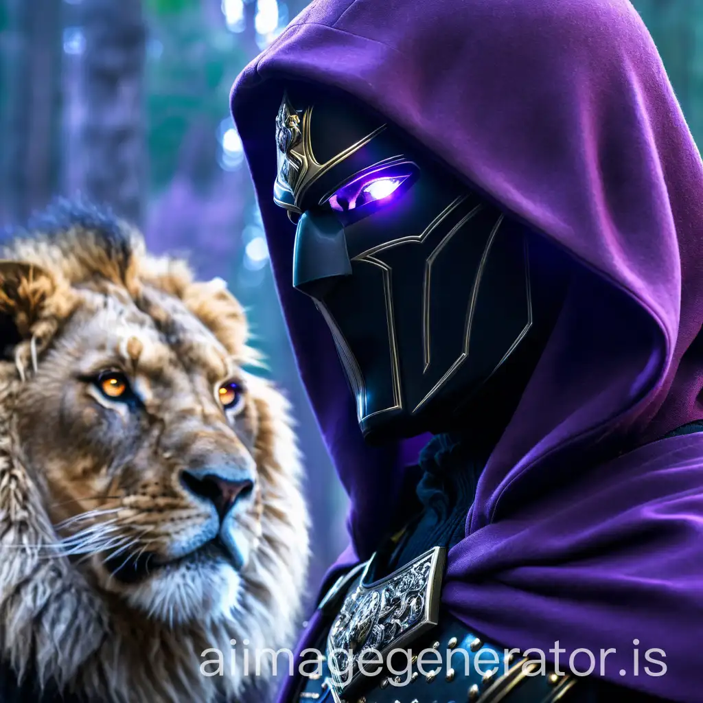 a noble warrior in a purple hooded cape and his black combat mask where two bright white eyes are distinguished, his faithful lion beside him roaring with power and strength