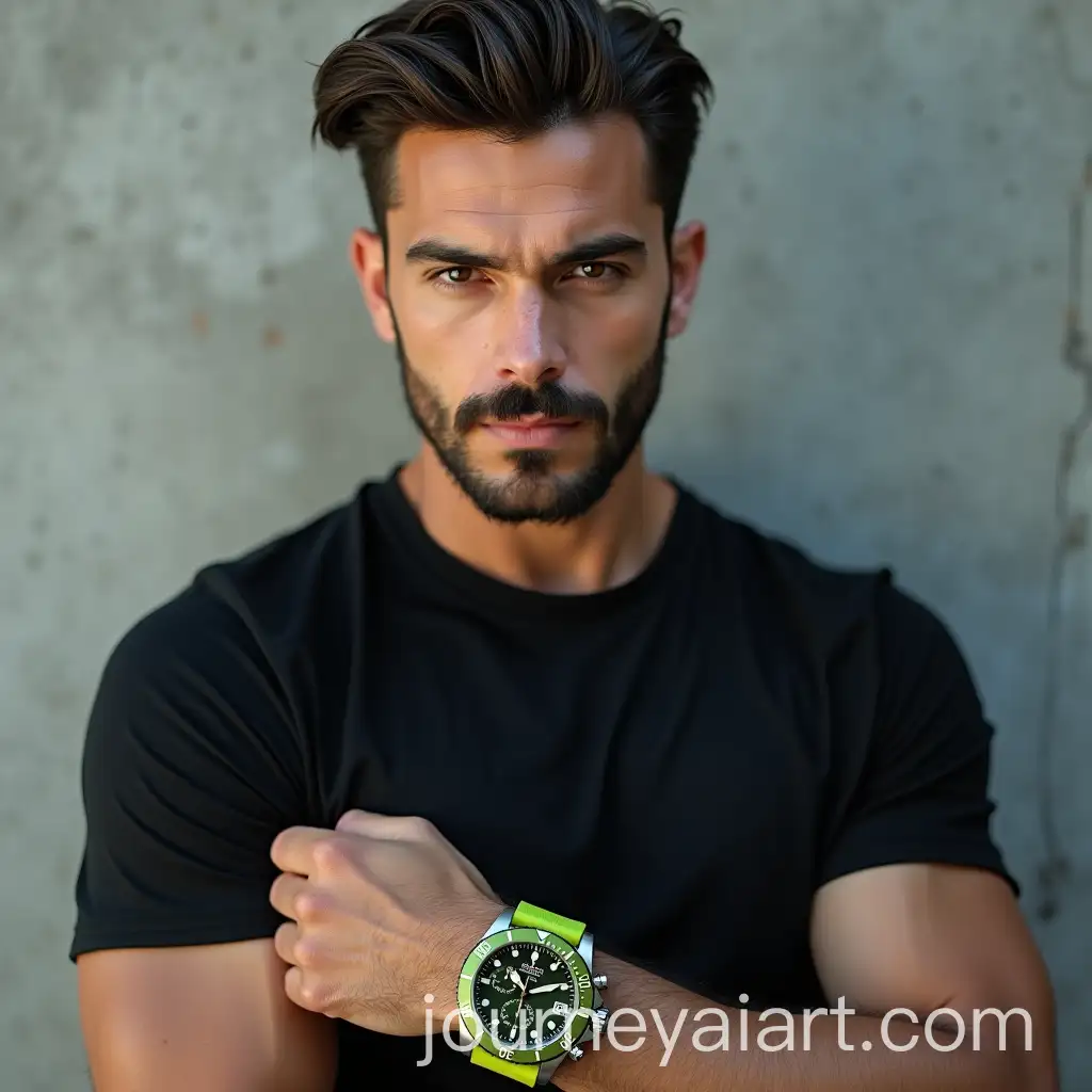 Young-Man-withAI-Art-Prompt-Expansion-Luxurious-Lime-Green-Diver-Watch-in-Photorealistic-Portrait