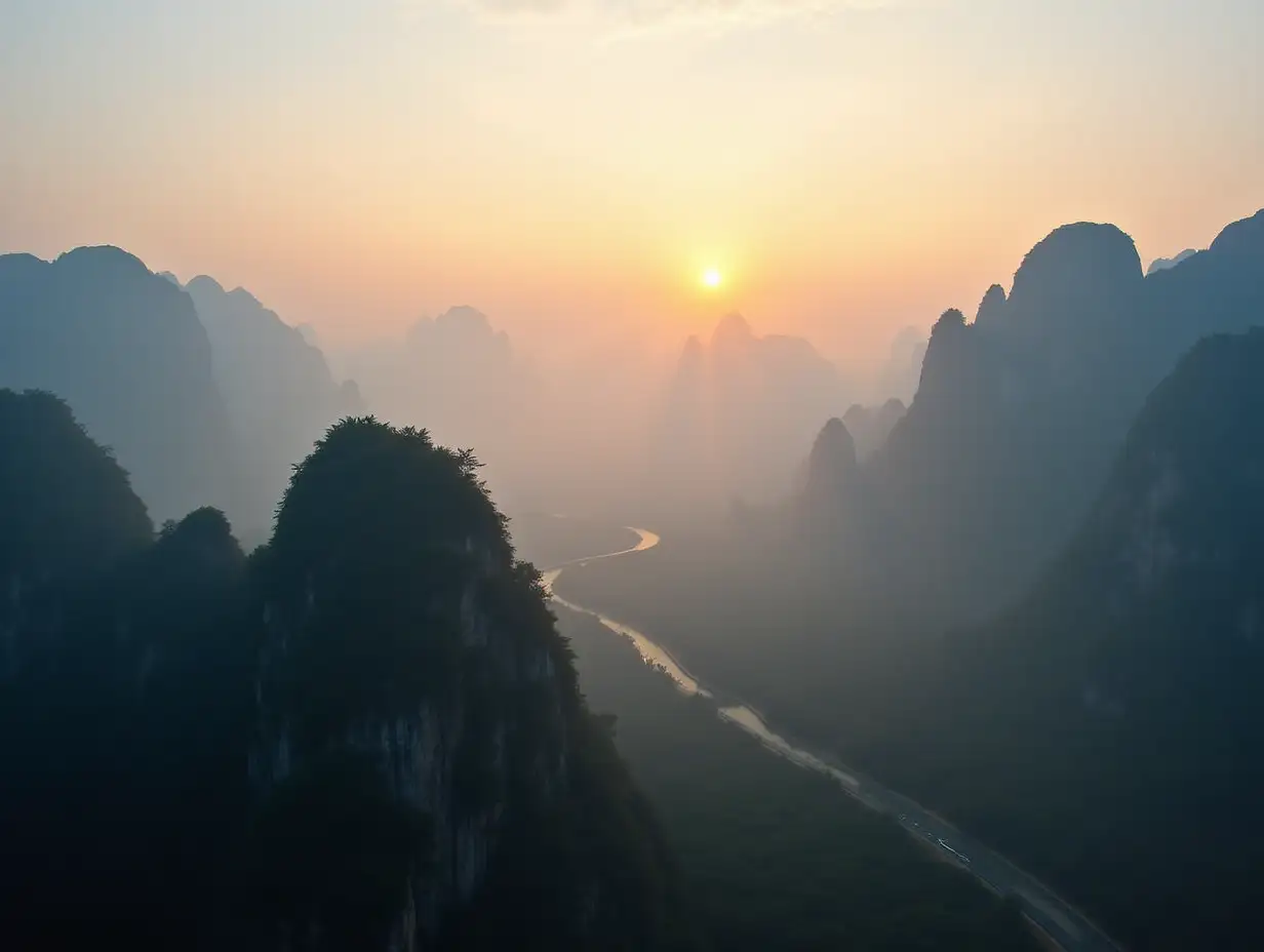 Aerial view of Guilin mountain landscape at sunrise with fog, Guangxi, China.