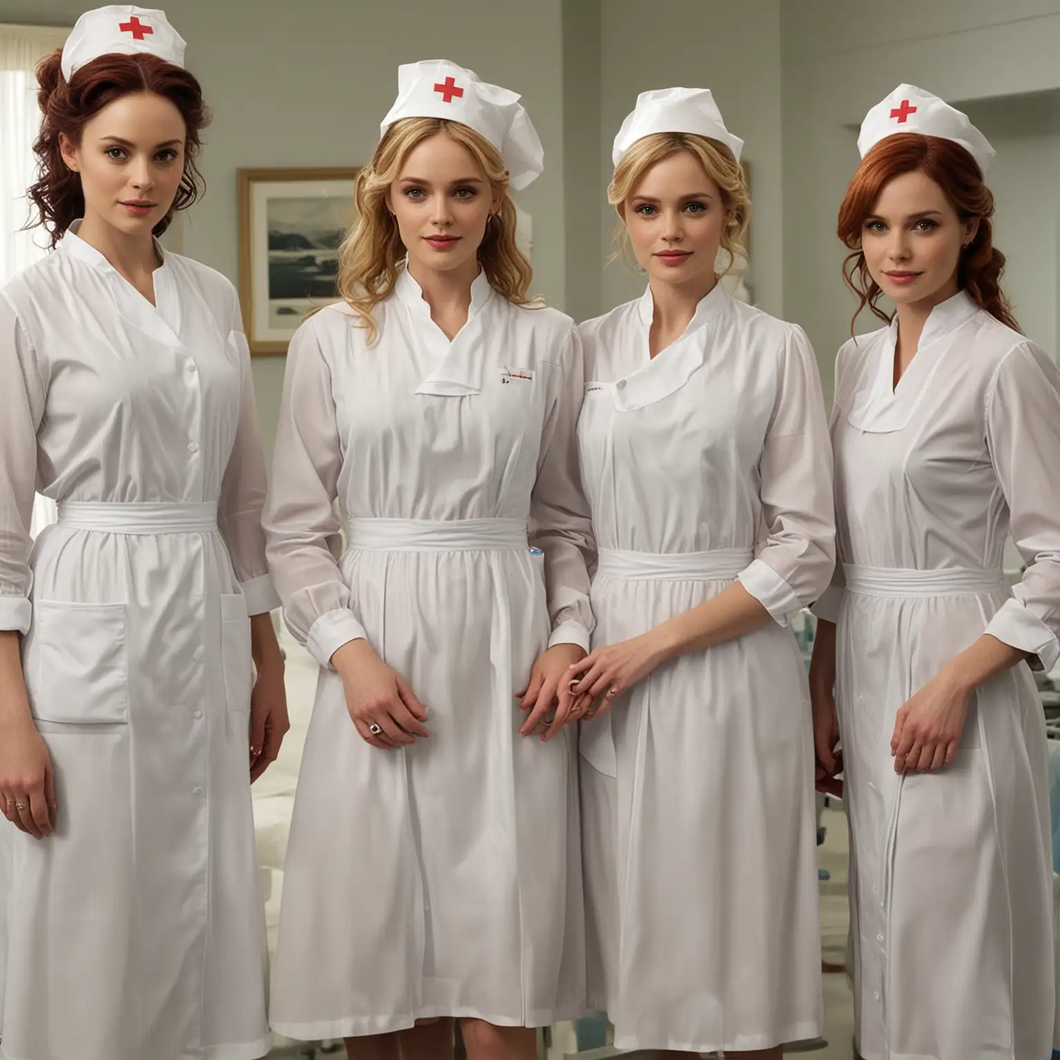 Mothers and Daughters in Modern Nurse Uniforms with Caps and Aprons