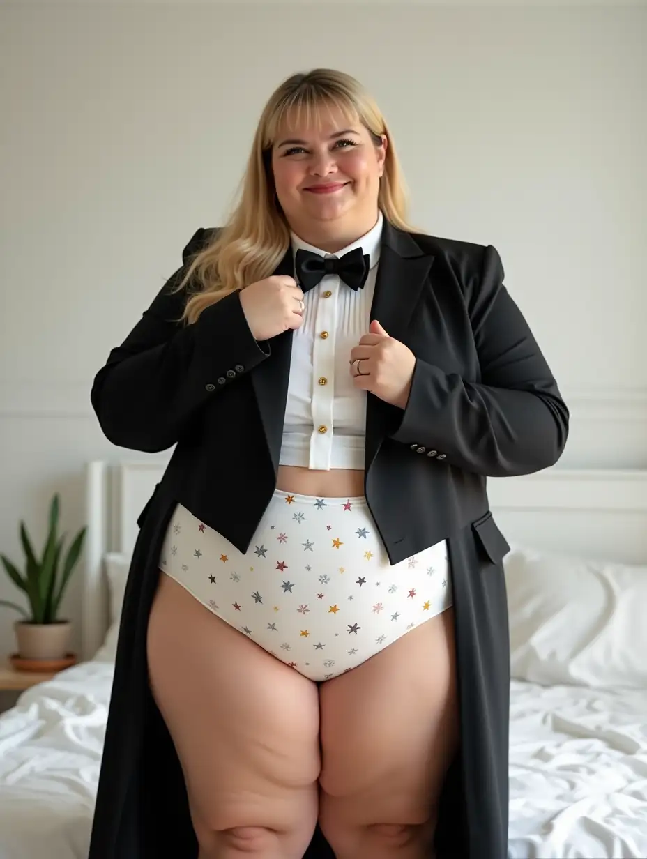 Smiling-MiddleAged-Woman-in-Formal-Orchestra-Tuxedo-with-Bow-Tie-in-White-Bedroom