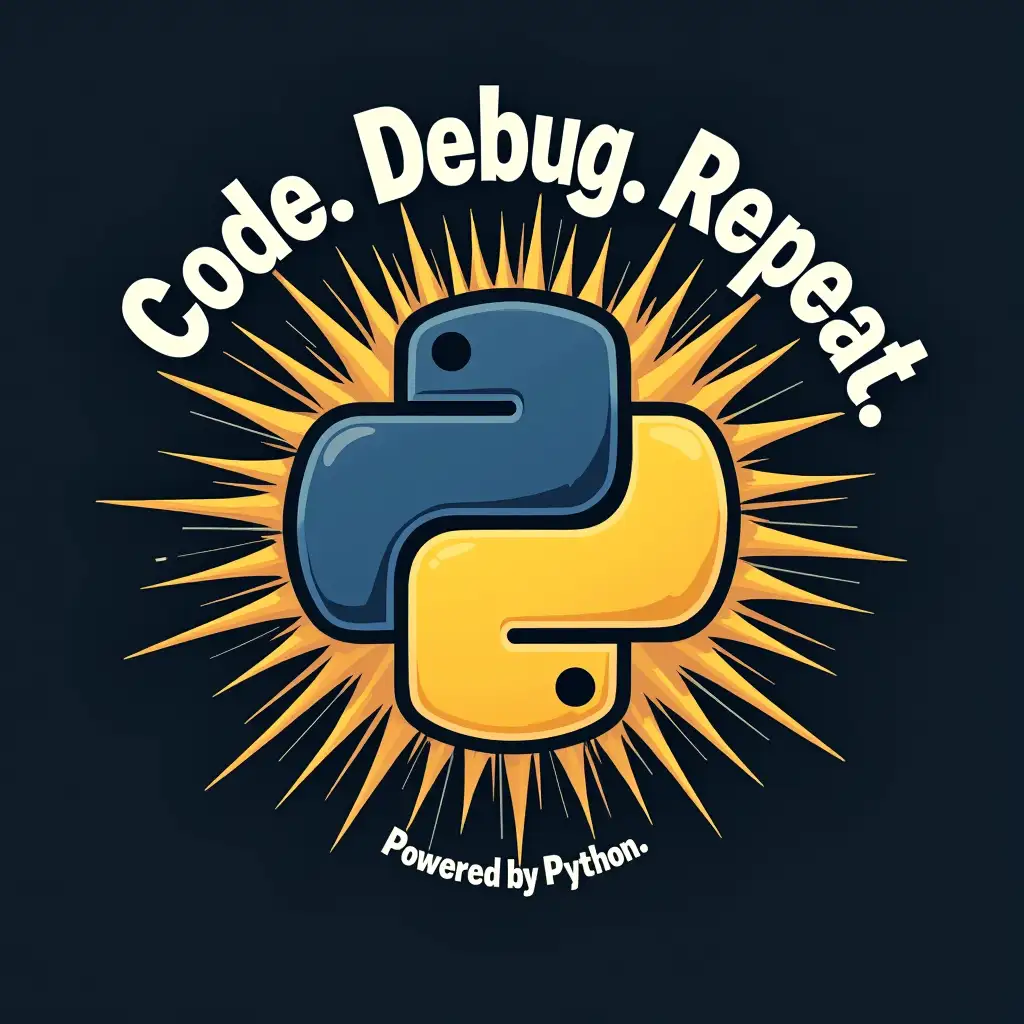 Design a bold and minimalistic graphic for the back of a T-shirt. Center the classic Python logo, but stylized with comic-style explosion lines radiating outward, giving it a retro, dynamic feel. Above the logo, in a clean, bold font, write the phrase 'Code. Debug. Repeat.'. Below the logo, add the text 'Powered by Python' in a smaller, sleek font