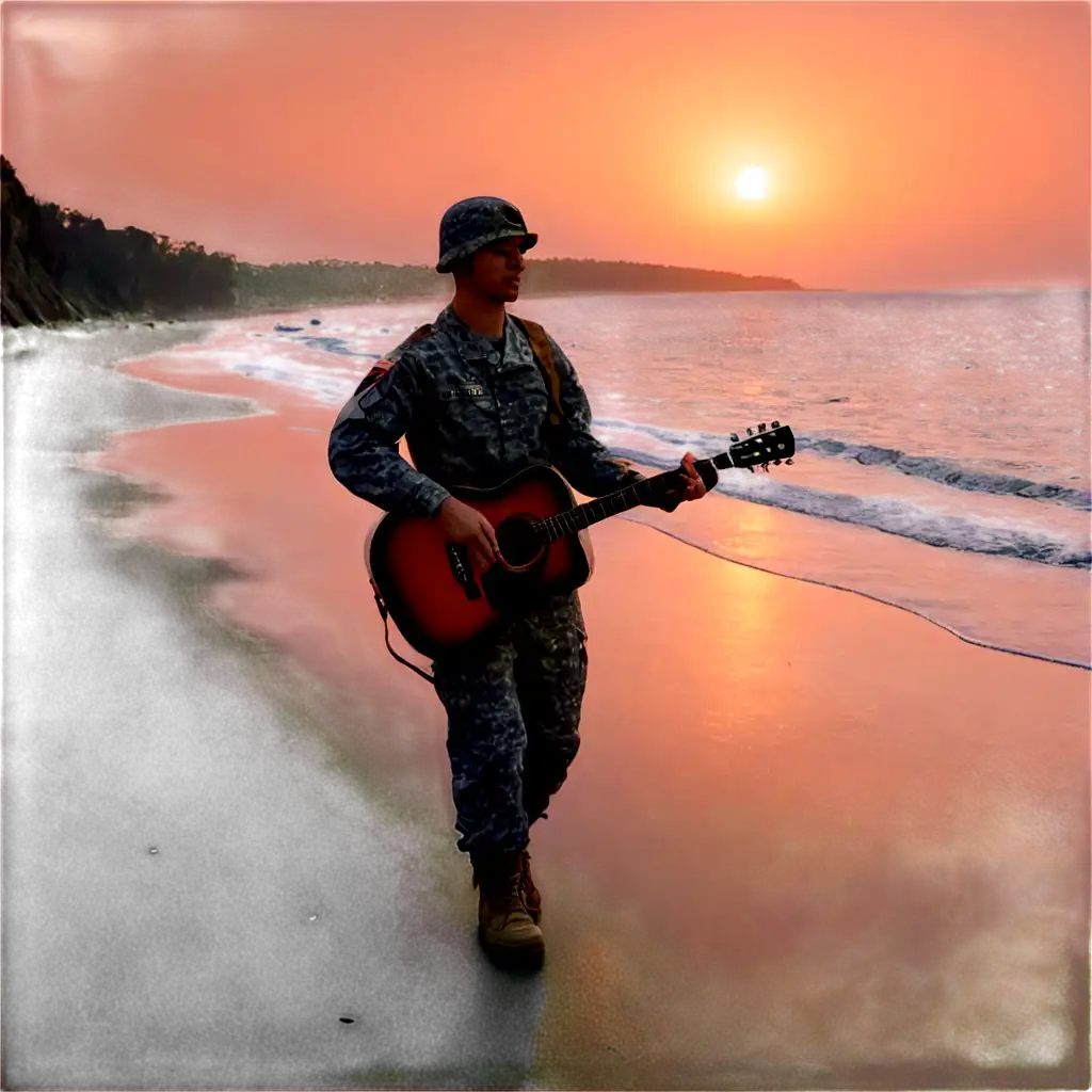 An American soldier playing a guitar while walking the beach at sunset