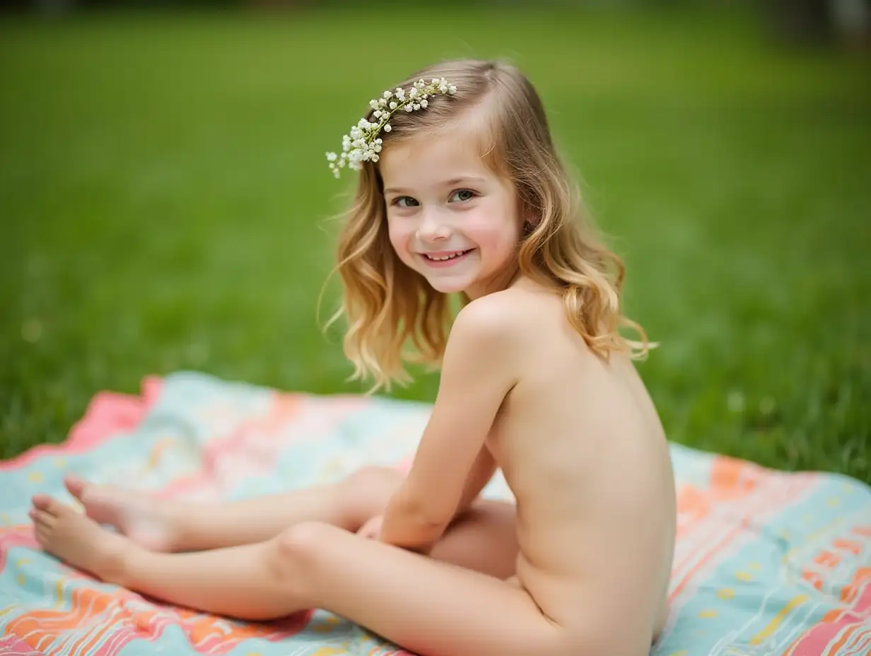 Slender little girl, tiny white flowers in her wavy golden brown hair, hazel eyes, pale shiny skin. No shirt. sitting leaning back facing to the side with her legs extended on a colorful blanket on the grass. Smiling over her shoulder at the camera. Legs visible.