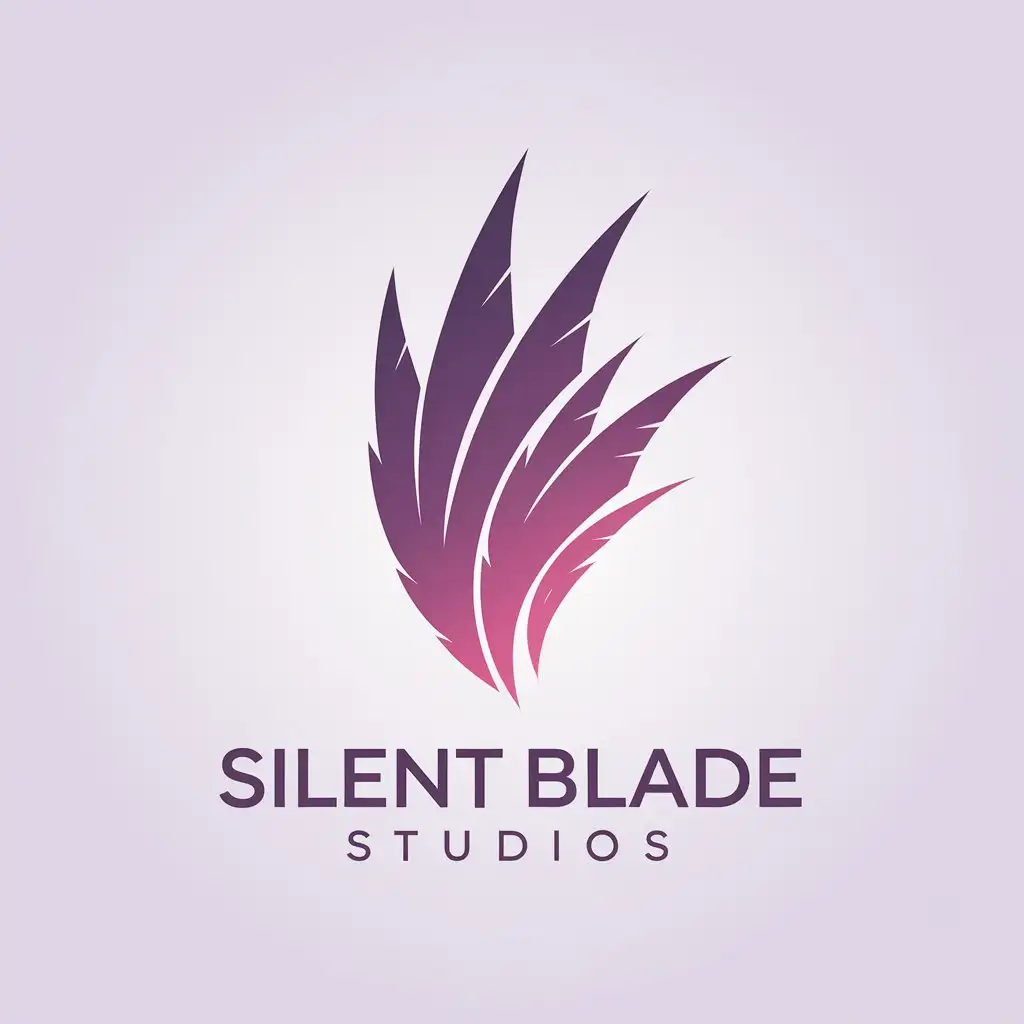 a vector logo design,with the text "Silent Blade Studios", main symbol:razor-sharp feathers with purple to pink gradient,Minimalistic,clear background