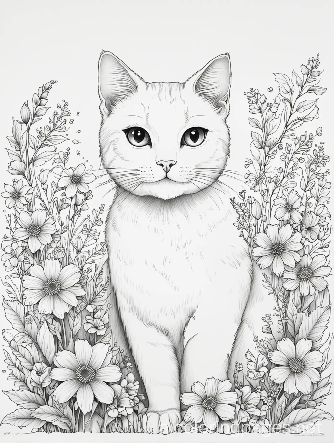 Simple-Cat-with-Flowers-Coloring-Page-for-Kids