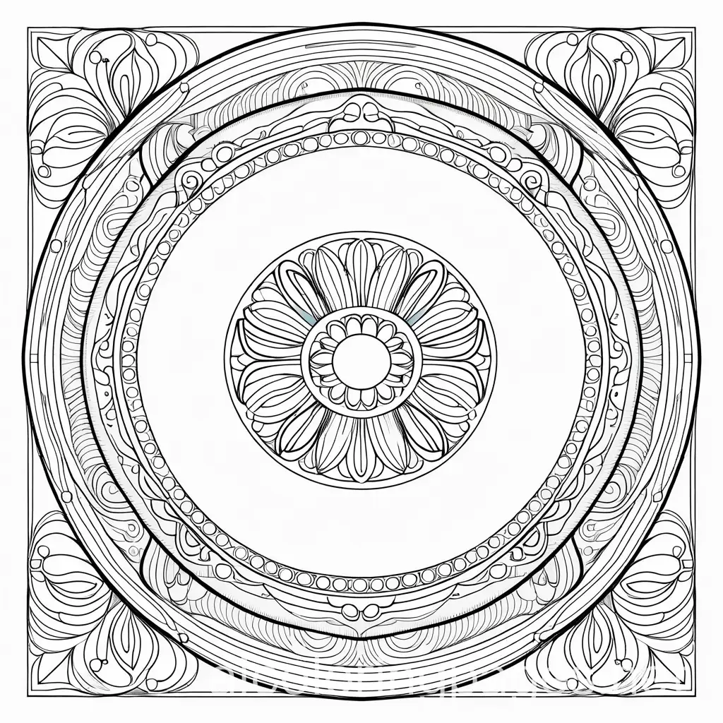 Mandala, Coloring Page, black and white, line art, white background, Simplicity, Ample White Space. The background of the coloring page is plain white to make it easy for young children to color within the lines. The outlines of all the subjects are easy to distinguish, making it simple for kids to color without too much difficulty