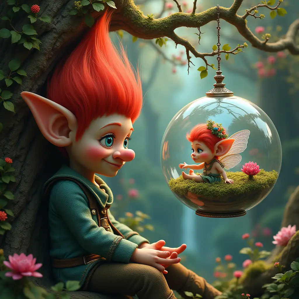 Ultra-detailed hyperrealistic portrait of a troll with red hair and a fairy sitting in a glass ball hanging in a dreamy treehouse with intricately detailed, colorful plants in the background