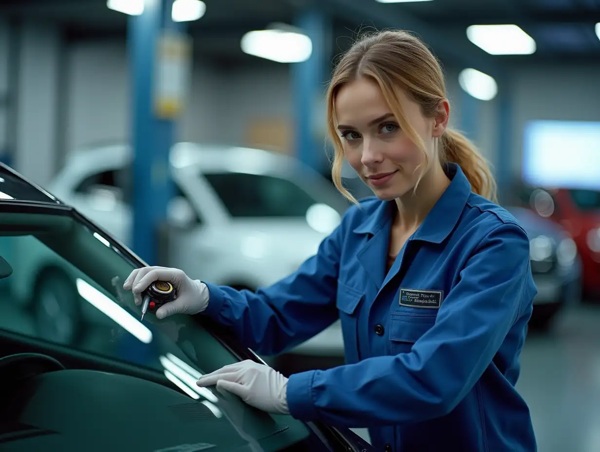 High-quality, professional photoshoot of a young, attractive female automotive technician replacing a windshield, wearing clean, stylish work uniform, in a modern, well-lit automotive repair workshop, showcasing precision and expertise, emphasizing cleanliness and professionalism, with sharp tools and modern car in background, cinematic lighting, high-resolution image, marketing-style composition that highlights skill and modernity of windshield replacement service, color grading with cool, professional tones