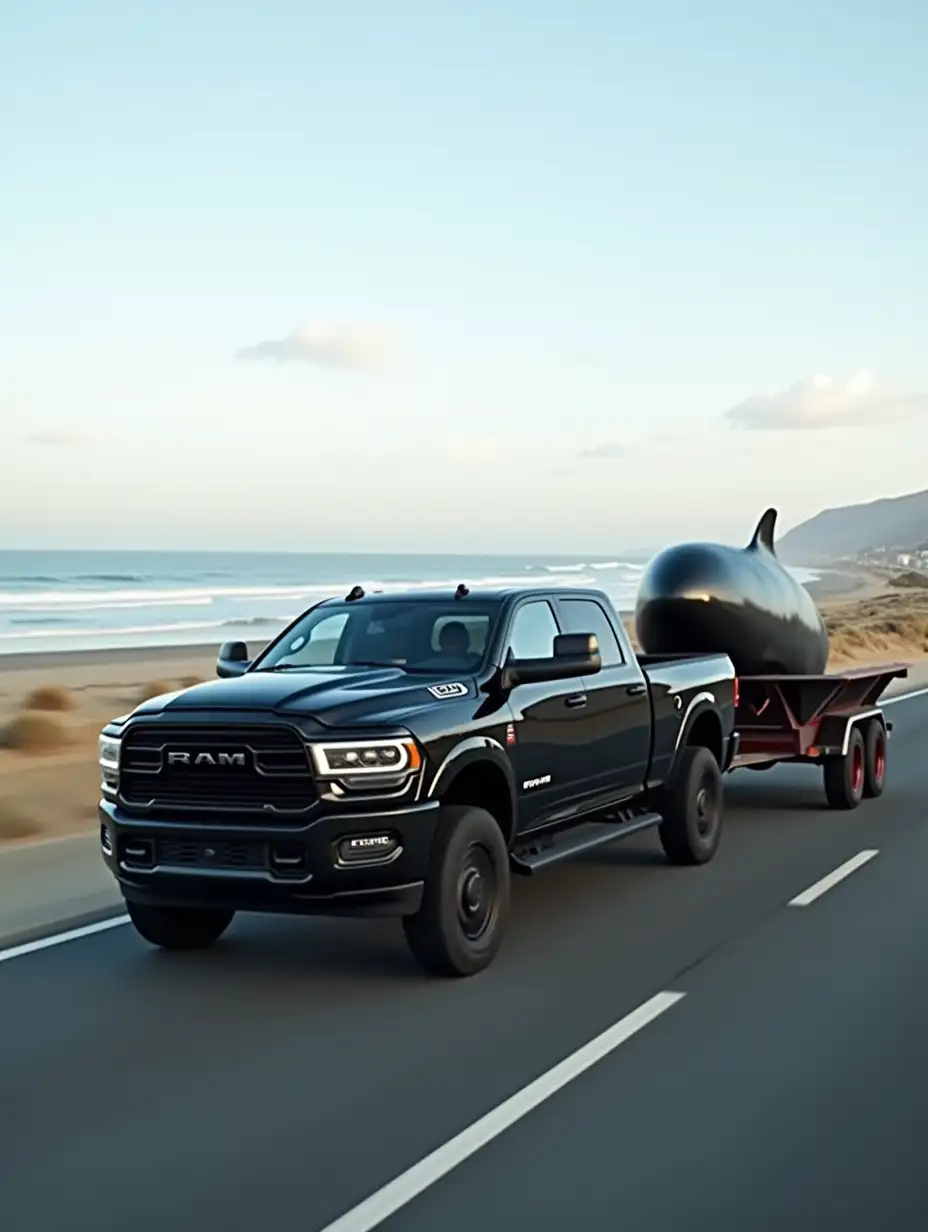 Make a black Dodge Ram 2019 pickup truck single cabin in the original black color walking down a street in California in the most realistic way possible pulling a whale on a trailer
