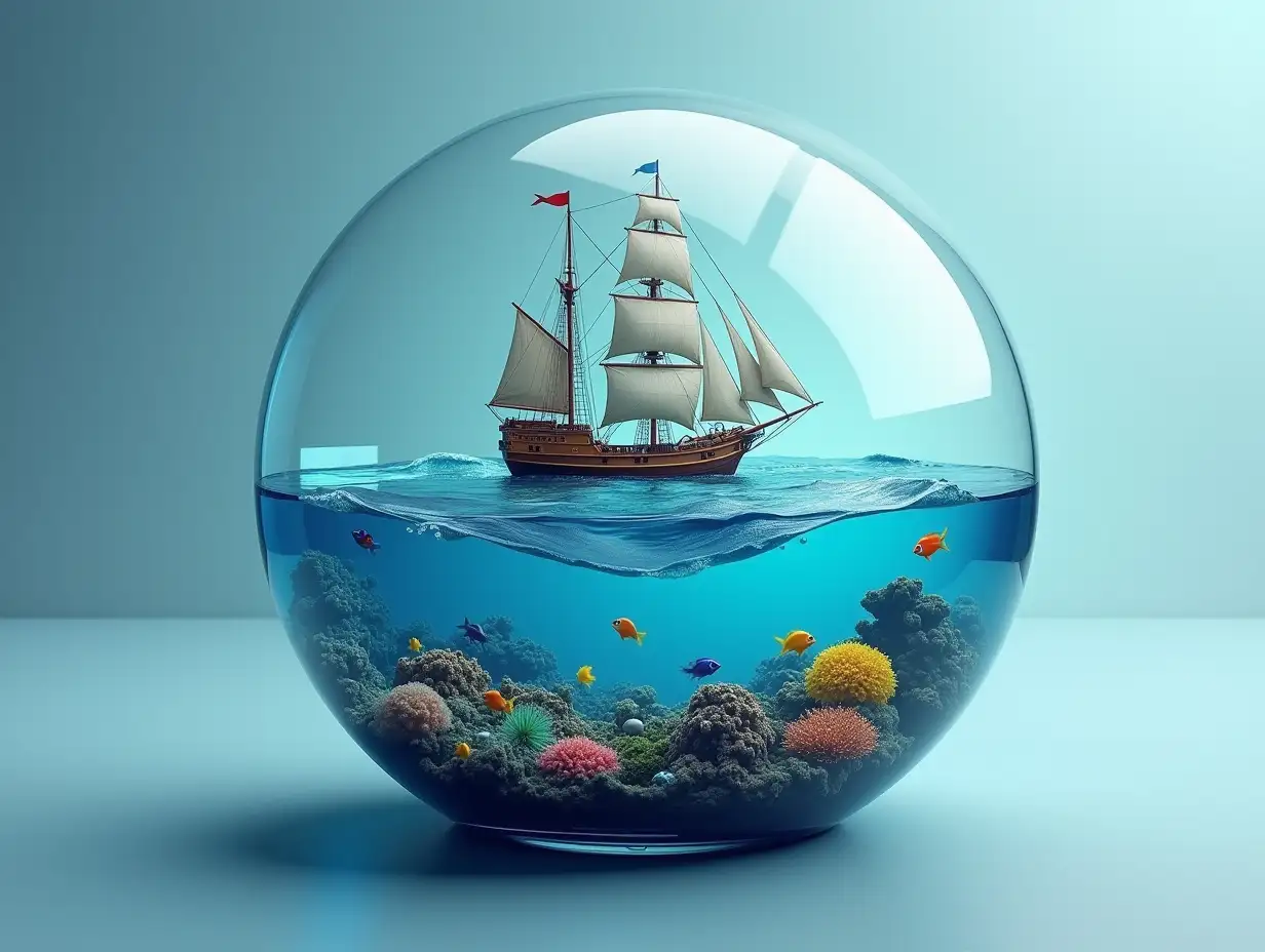 Create an oval glass container with an ocean sailing ship, with large waves, colorful fishes, colorful corals under water and a 4K resolution.