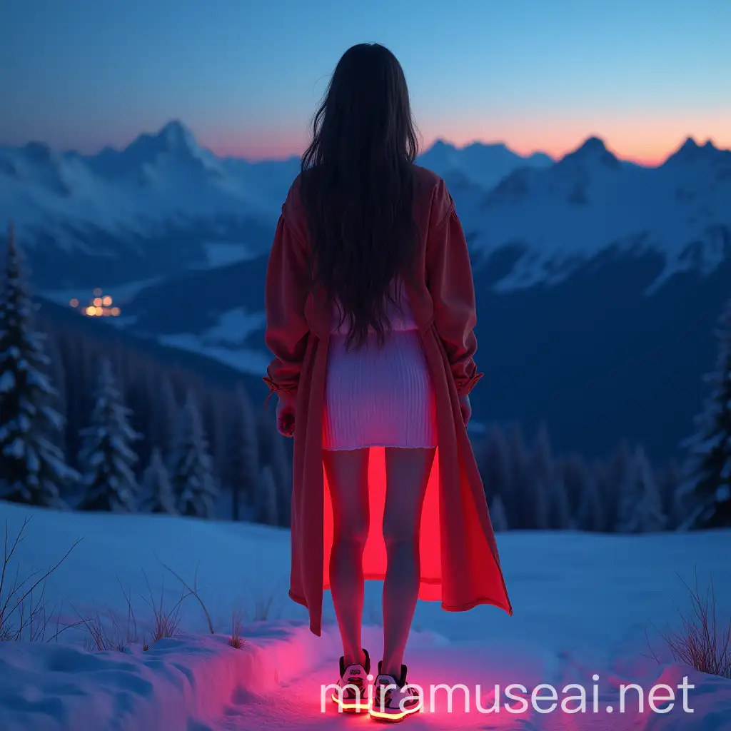 3D 8k minimal illustrator minimal women watching watching from above swiss national park with her pink digitallight stunning dress nice light in the midnight with her yellow digital light suite with her longest hair and beautiful face watching the amazing sunset cinematic reflection Aivision, strong neon colors, full body of beautiful young women with dramatic expression, prety blue eyes , full red lips, brown hair, She wears blouse ,Mini skirt, coat with amazing sneakers in neon colors,full body . Modern cloth. she stands in the street anxiously , dark winter environment and gloomy, image realistic, realistic facial features, Fairy Tail, Extremely detailed , intricate , beautiful , fantastic view , elegant , crispy quality Federico Bebber's expressive, full body, Coordinated colours, night cinematic dark art